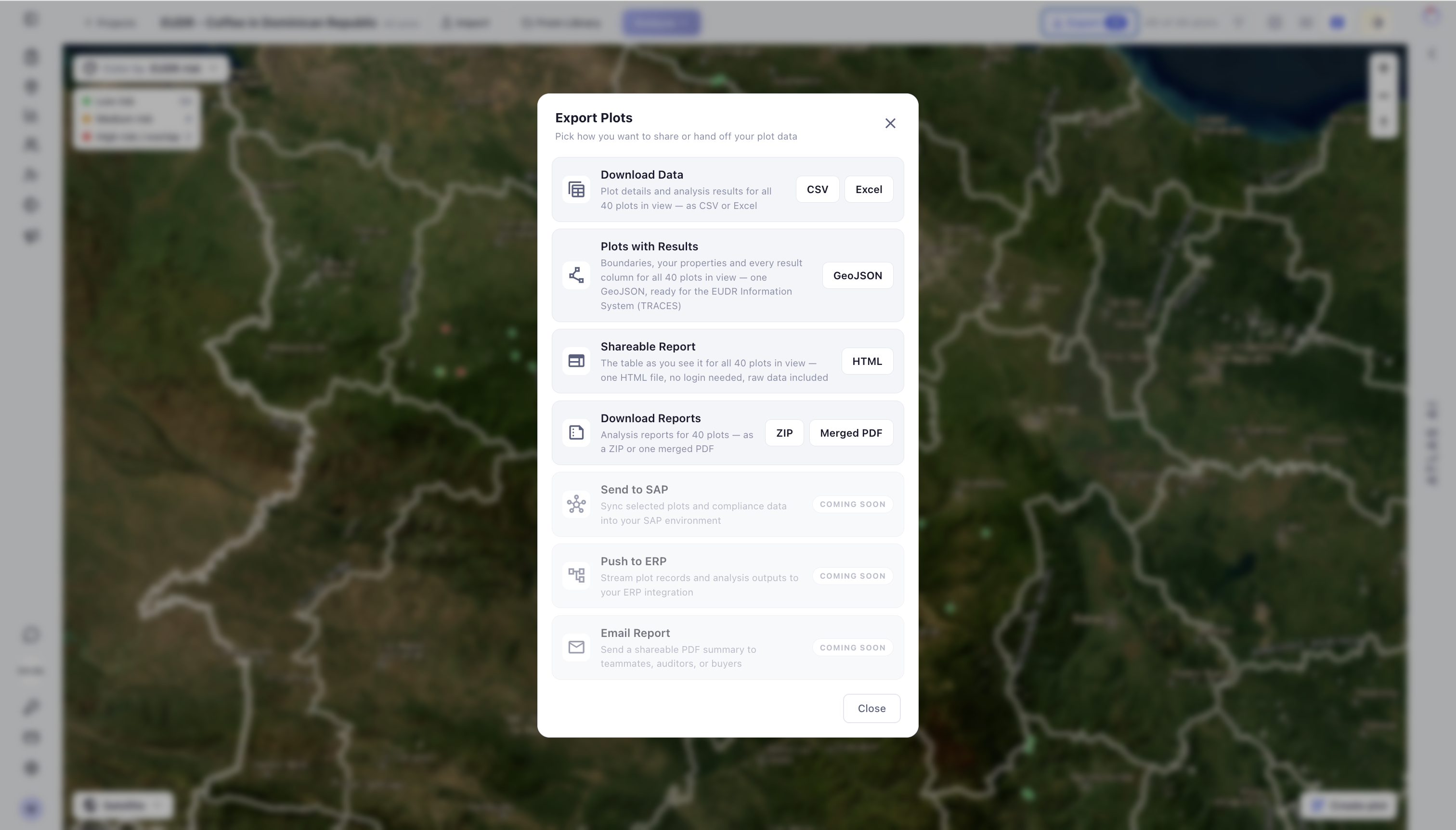 Export plots modal with GeoJSON output