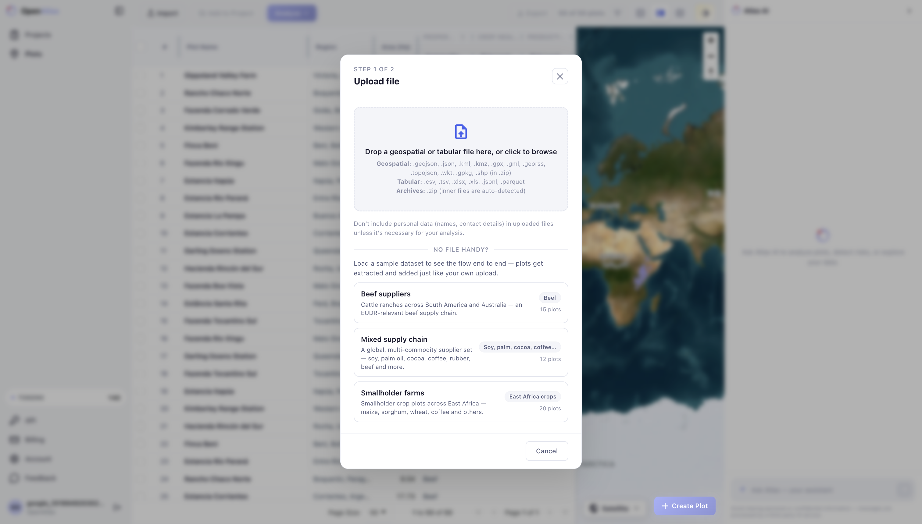 Upload modal showing supported plot import formats